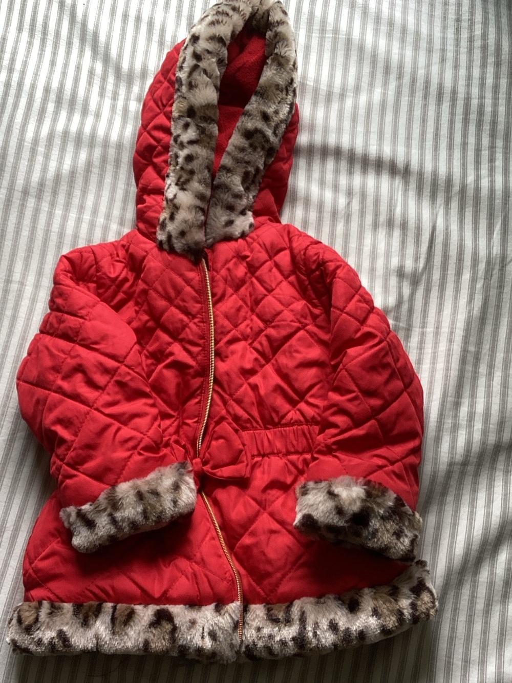 Girls' Red Quilted Hooded Puffer with Leopard Faux-Fur Trim